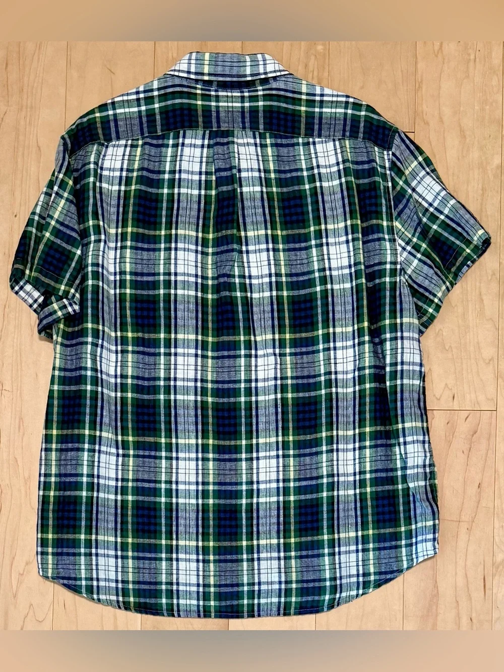 J. Crew 100% Irish Linen S/S Popover Shirt Classic Green Blue Plaid Men’s Large